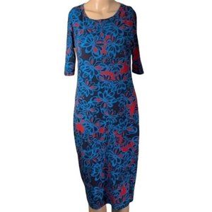 LulaRoe Blue & Red Fitted Midi Bodycon Dress Small EUC